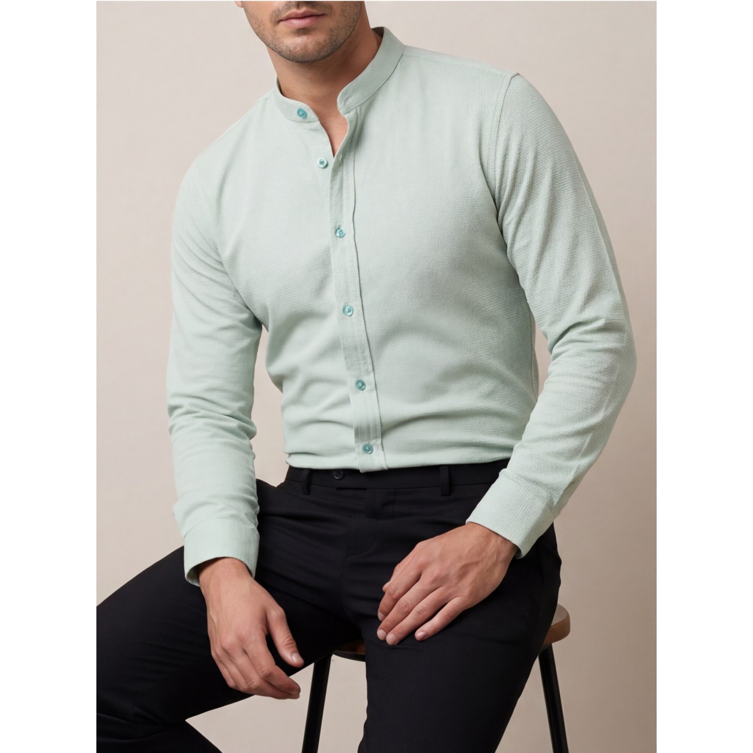 Life Style Butiken Ανδρικό Μακρυμάνικο πουκάμισο με Μάο Γιακά Regular Fit LS125158 Μέντα