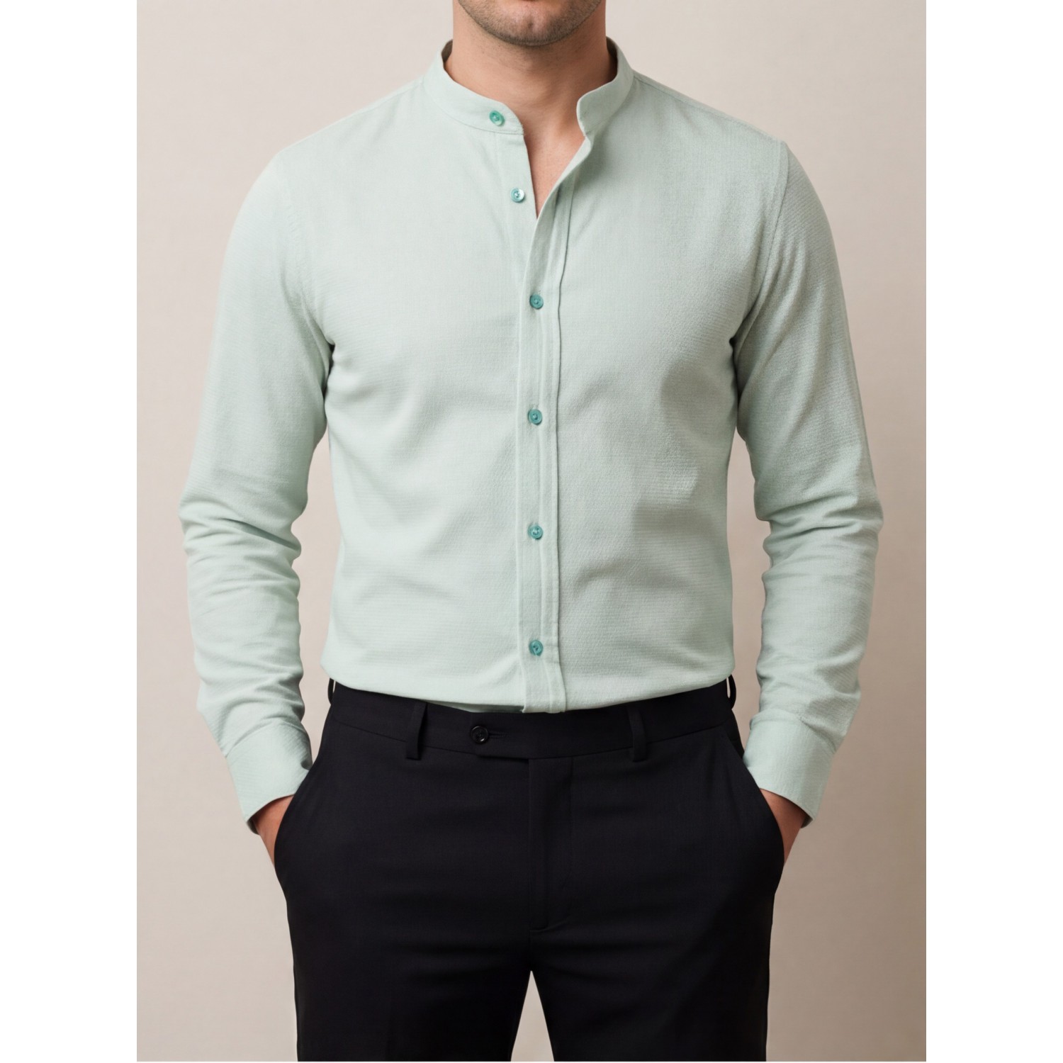 Life Style Butiken Ανδρικό Μακρυμάνικο πουκάμισο με Μάο Γιακά Regular Fit LS125158 Μέντα