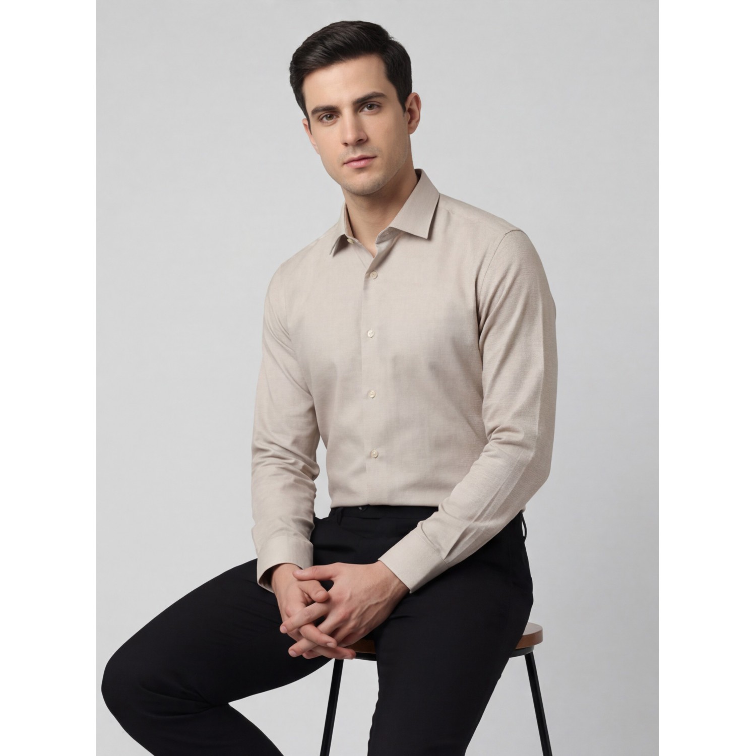 Life Style Butiken Ανδρικό Μακρυμάνικο πουκάμισο με Oxford ύφασμα ανάγλυφο Regular Fit LS126003 Μπεζ