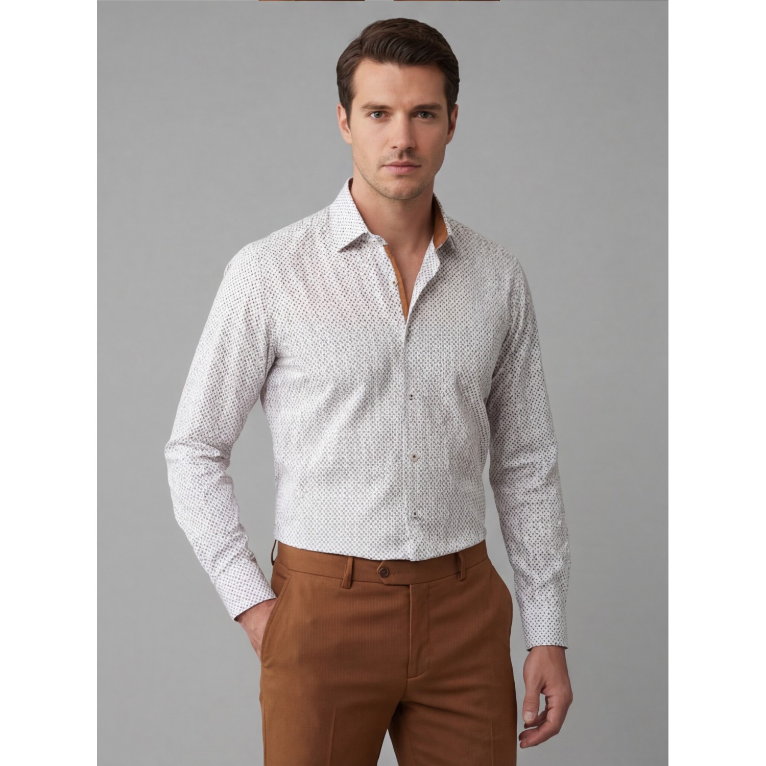 Life Style Butiken Ανδρικό Μακρυμάνικο πουκάμισο με μικροσχέδια Regular Fit LS126006 Rust