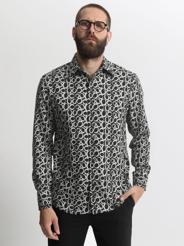 Life Style Butiken Ανδρικό μακρυμάνικο πουκάμισο Floral LS113245 BLACK/WHITE