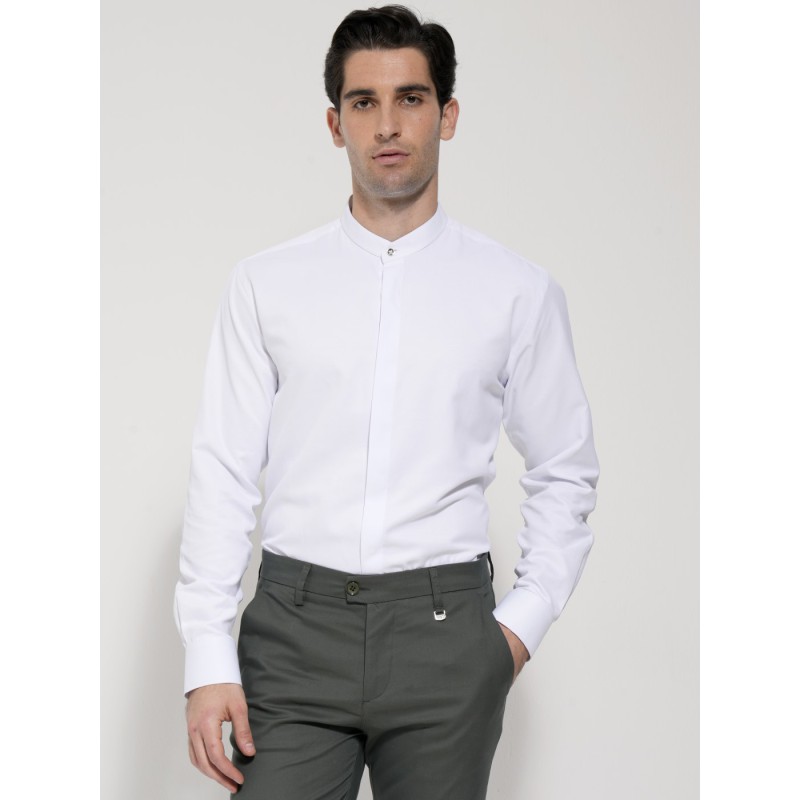 Life Style Butiken  LS33-7422 Λευκό Ανδρικό Μάο Μακρυμάνικο πουκάμισο Slim Fit Ανδρικά