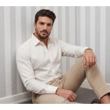 Life Style Butiken Ανδρικό Μακρυμάνικο πουκάμισο Ανάγλυφο Υφασμα Με γιακά και Κρυφά Κουμπιά Regular Fit LS124005 Ecru 1