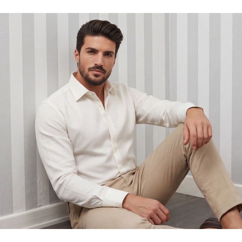 Life Style Butiken Ανδρικό Μακρυμάνικο πουκάμισο Ανάγλυφο Υφασμα Με γιακά και Κρυφά Κουμπιά Regular Fit LS124005 Ecru Ανδρικά