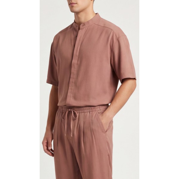Life Style Butiken Ανδρικό Κοντομάνικο Πουκάμισο Oversize Μαο με κρυφά κουμπιά LS1M5893 Καφέ