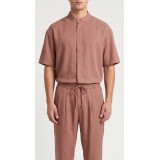Life Style Butiken Ανδρικό Κοντομάνικο Πουκάμισο Oversize Μαο με κρυφά κουμπιά LS1M5893 Καφέ 2