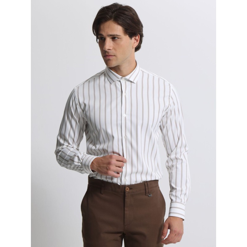 Life Style Butiken Ανδρικό Μακρυμάνικο πουκάμισο Slim LS1447515 Λευκό με ρίγα μπέζ Ανδρικά