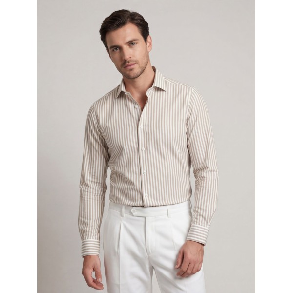 Life Style Butiken Ανδρικό Μακρυμάνικο πουκάμισο ριγέ Slim LS124036 Μπέζ