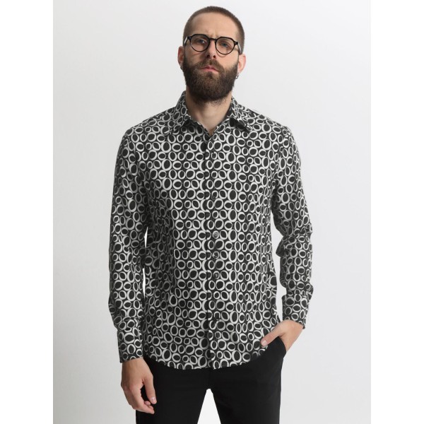 Life Style Butiken Ανδρικό μακρυμάνικο πουκάμισο Floral LS113245 BLACK/WHITE