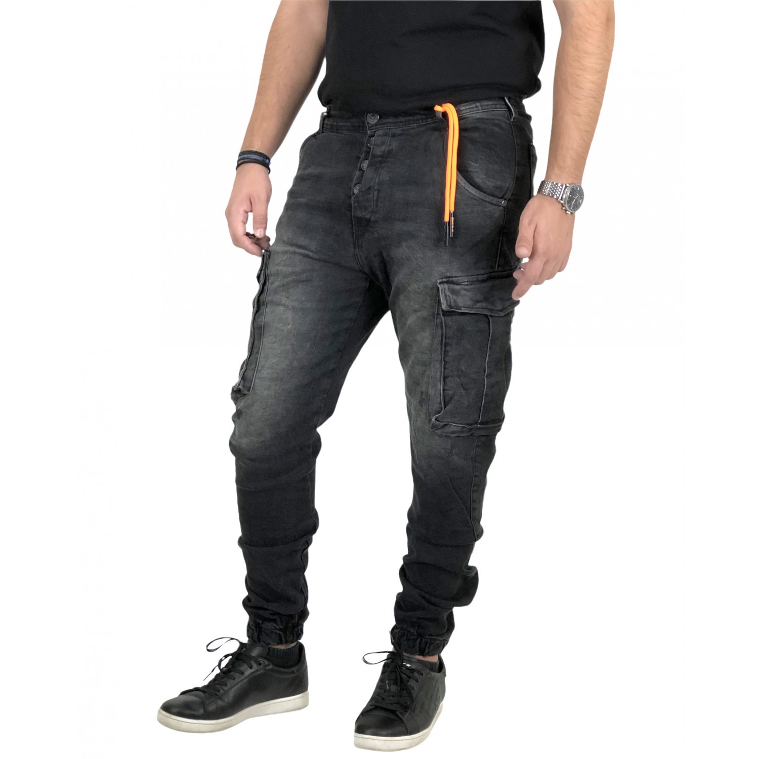 Back 2 Jeans Παντελόνι Cargo Jean με Λάστιχο στον αστράγαλο M16A Μαύρο