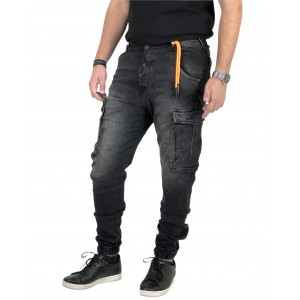 Back 2 Jeans Παντελόνι Cargo Jean με Λάστιχο στον αστράγαλο M16A Μαύρο