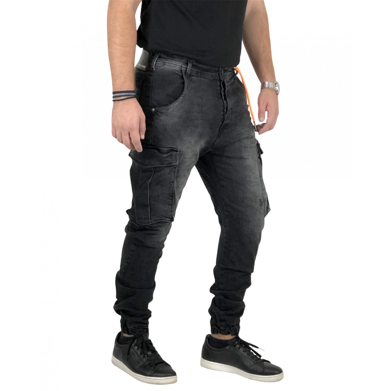 Back 2 Jeans Παντελόνι Cargo Jean με Λάστιχο στον αστράγαλο M16A Μαύρο