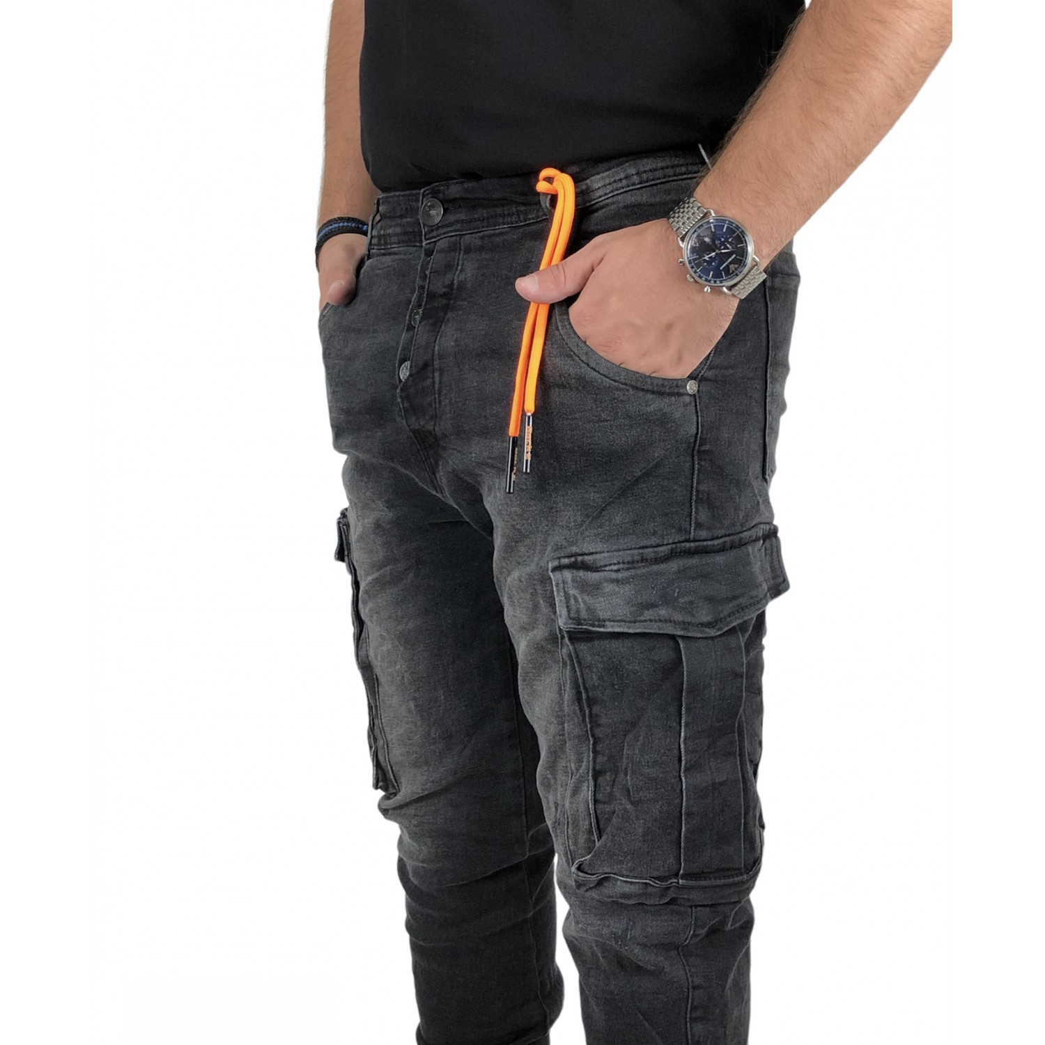 Back 2 Jeans Παντελόνι Cargo Jean με Λάστιχο στον αστράγαλο M16A Μαύρο