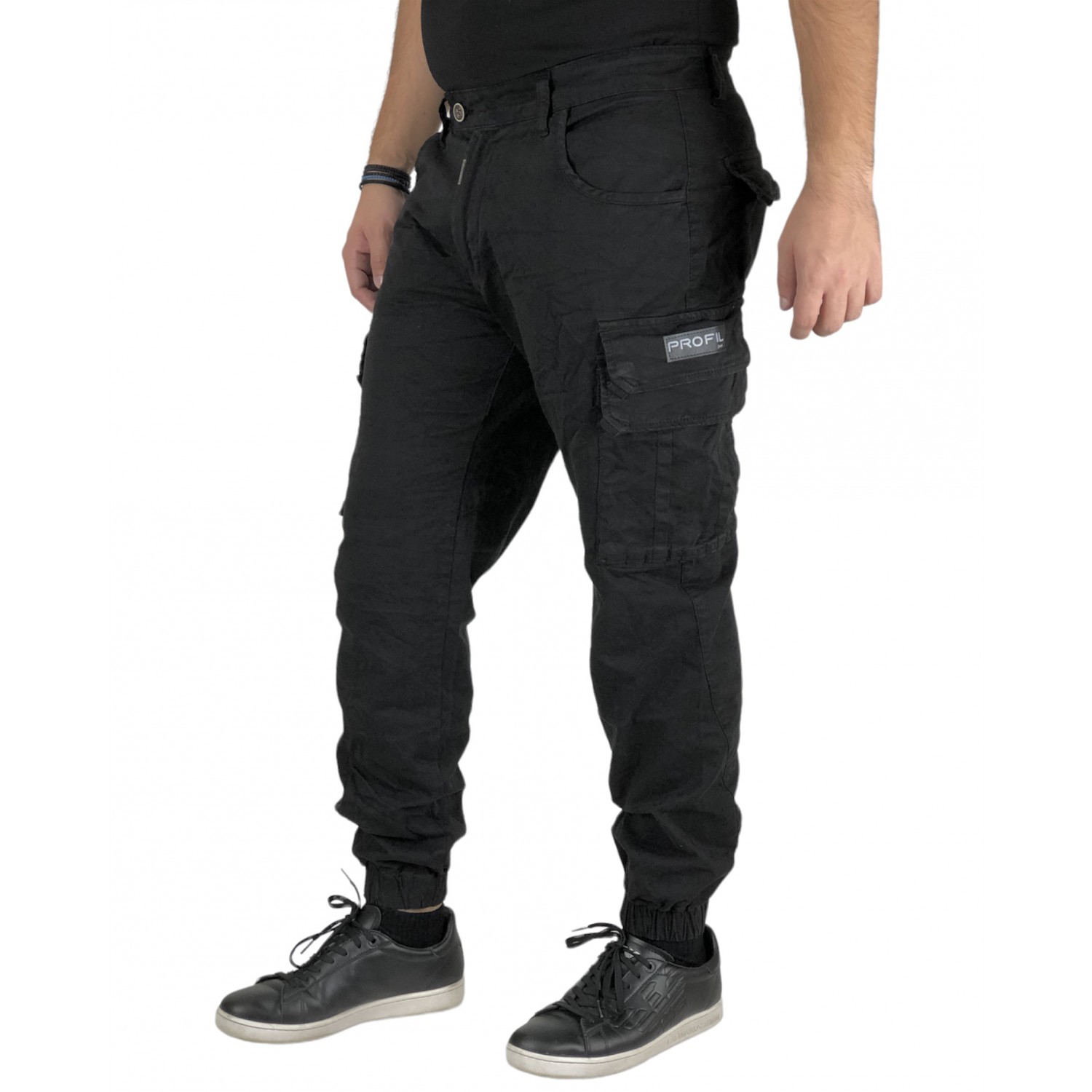 Ανδρικό παντελόνι cargo με λάστιχο στον αστράγαλο και τσέπες στο πλάι Profil 340 Μαύρο