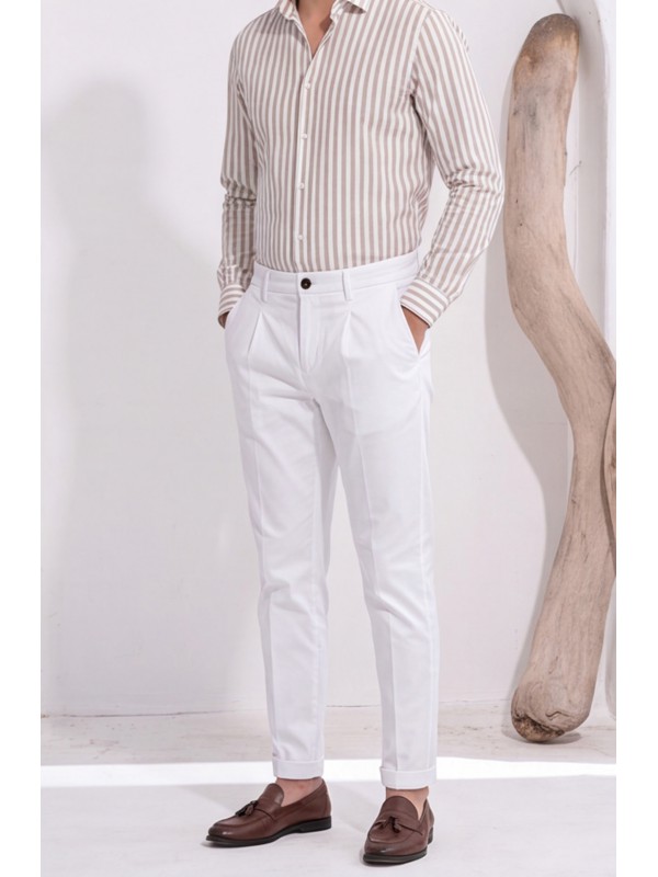 Life Style Butiken Ανδρικό Υφασμάτινο Chino Παντελόνι με πιέτες  LS1126708194000 WHITE