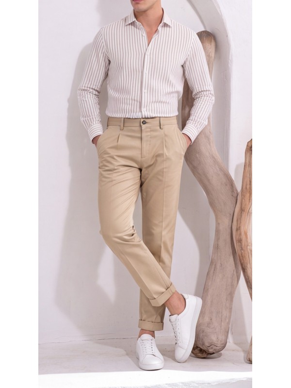 Life Style Butiken Ανδρικό Υφασμάτινο Chino Παντελόνι με πιέτες  LS1126708194004 BEIGE