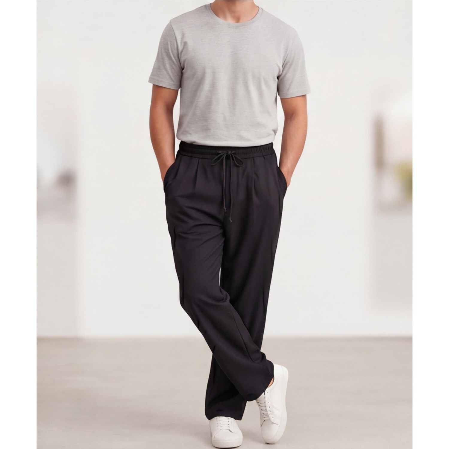 Life Style Butiken Ανδρικό Oversize Παντελόνi με πιέτες και λάστιχο με κορδόνια στη μέση LS12023 Black Ανδρικά