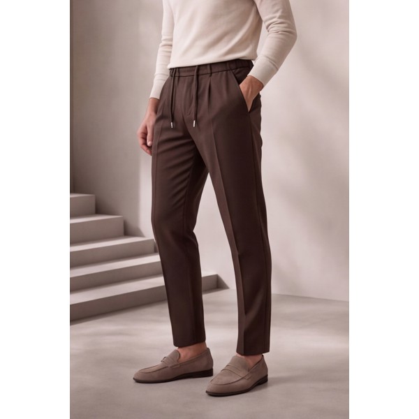 Life Style Butiken Ανδρικό Παντελόνι Smart Casual με Πιέτες και Κορδόνι LS13358 Καφέ Tech Stretch