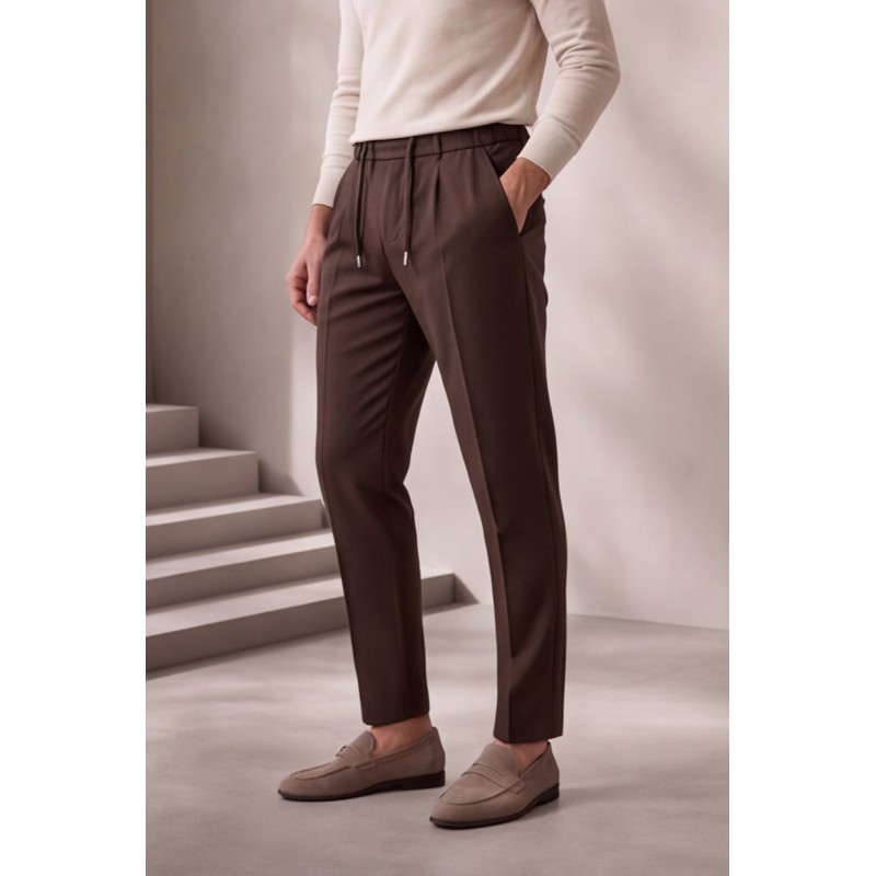Life Style Butiken Ανδρικό Παντελόνι Smart Casual με Πιέτες και Κορδόνι LS13358 Καφέ Tech Stretch Life Style Butiken