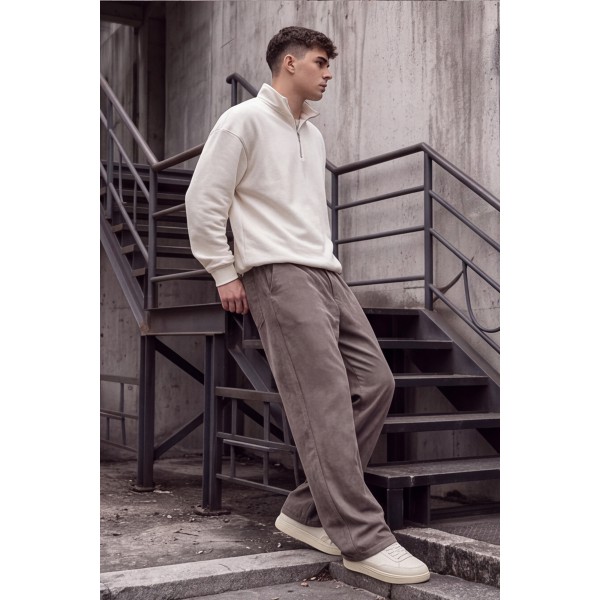 Life Style Butiken Ανδρικό Παντελόνι Baggy με Ελαστική Μέση & Βελούδινη Υφή LS15716 Μπεζ-Καφέ
