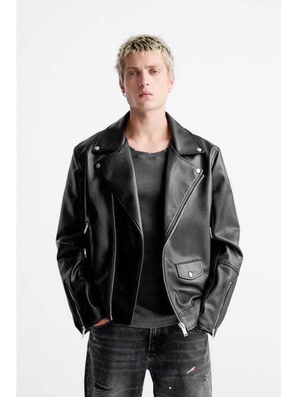 Life Style Butiken LS9816 Μαύρο Ανδρικό Δερματινακι Biker Κανονική Εφαρμογή