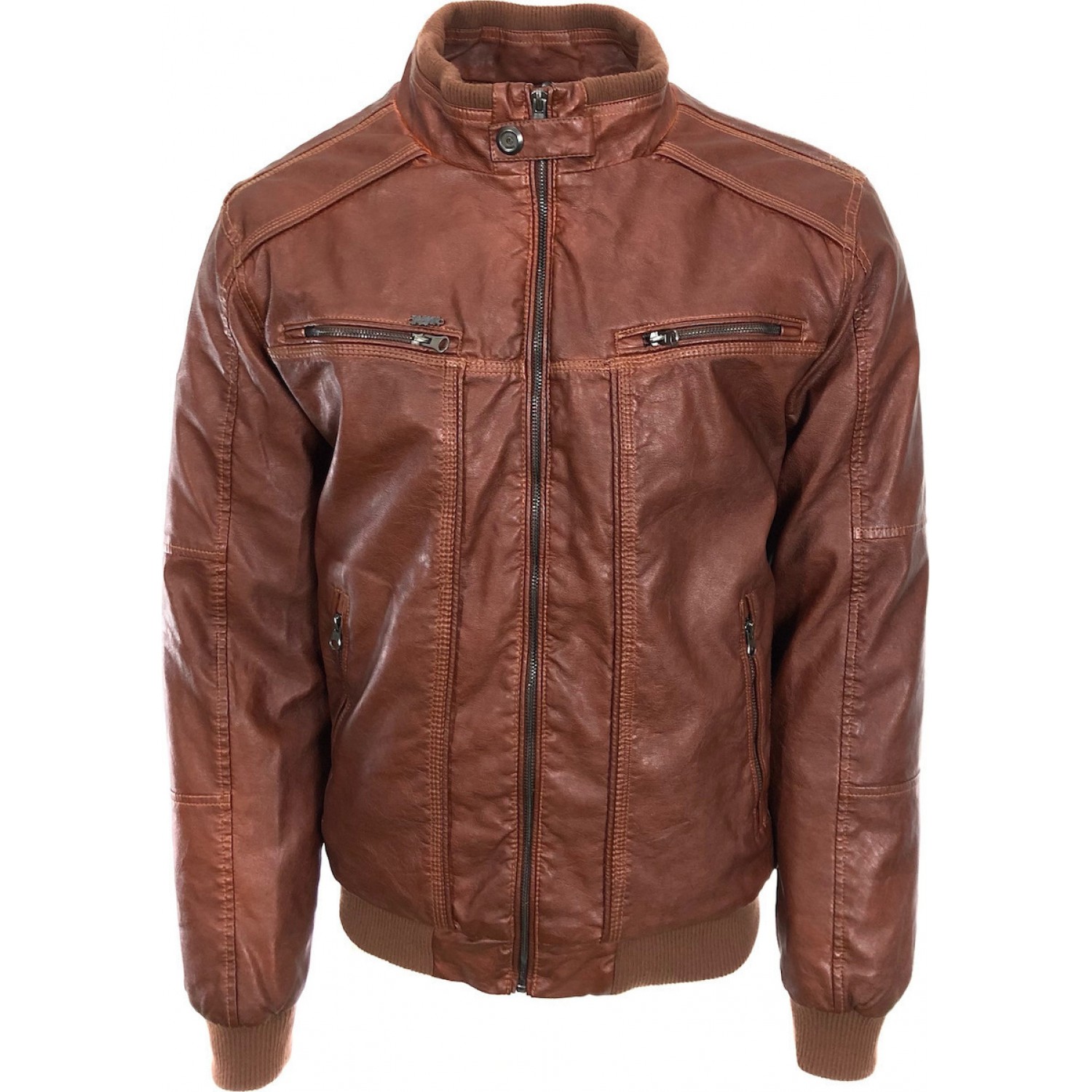 Ανδρικο μπουφάν δερματινάκι καφέ με τρουκ στο λαιμό και φερμουάρ στο στήθος τεχνόδερμα Tresor 2982 Florida