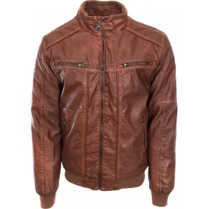 Ανδρικο μπουφάν δερματινάκι καφέ με τρουκ στο λαιμό και φερμουάρ στο στήθος τεχνόδερμα Tresor 2982 Florida
