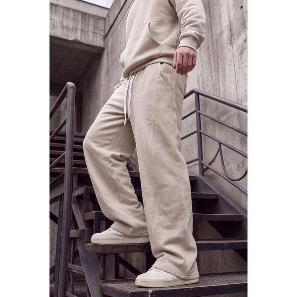 Life Style Butiken Ανδρική Φόρμα Baggy Fleece Βαμβακερή Φαρδιά Γραμμή με Κορδόνι LS17310 BEIGE