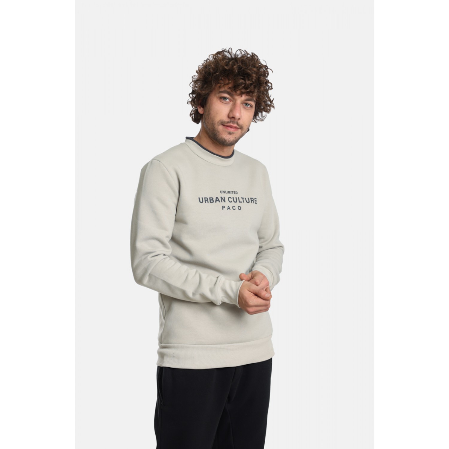 Life Style Butiken LS12481054 Εκρού Ανδρική μακρυμάνικη φούτερ με στρογγυλή λαιμόκοψη Κανονική Εφαρμογή