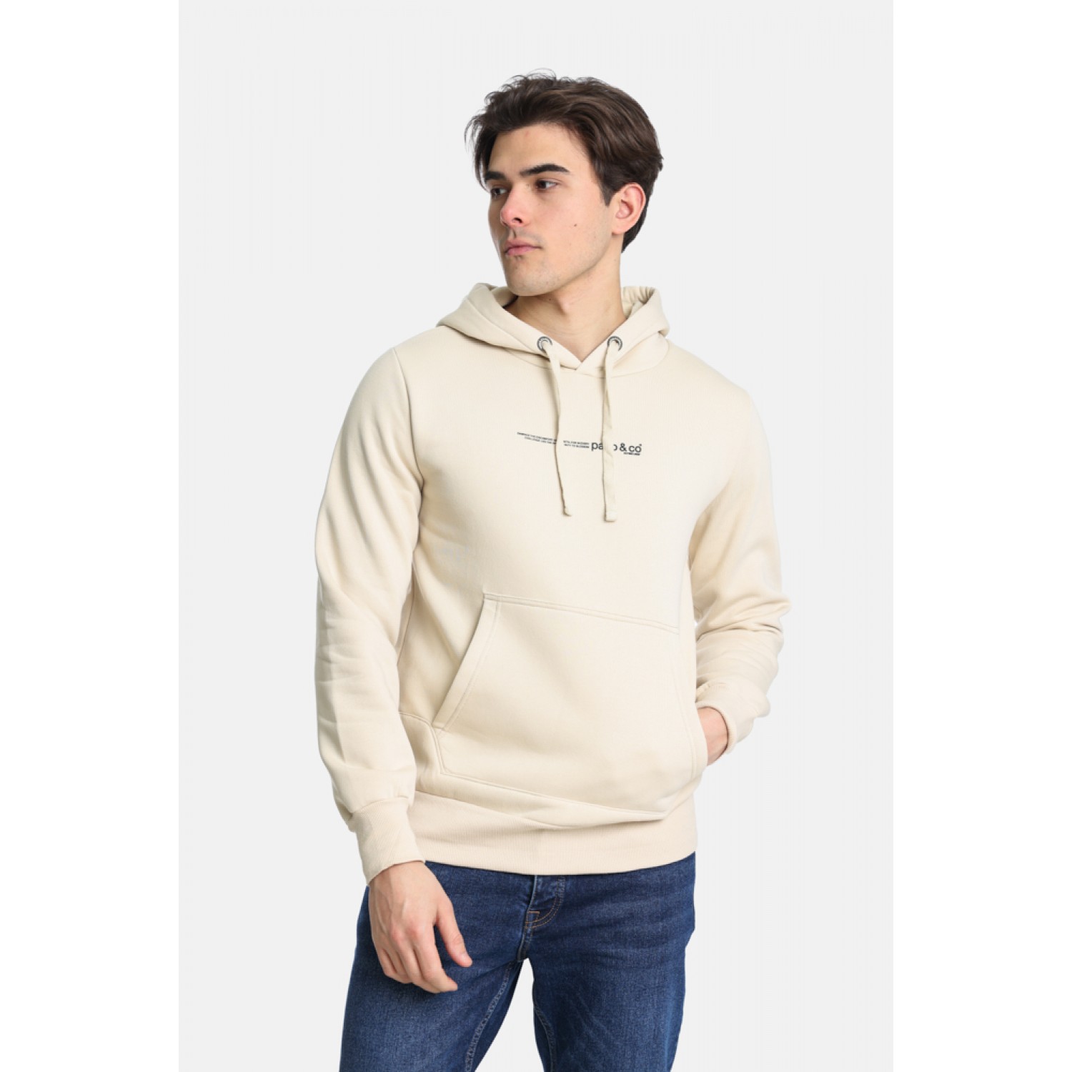 Life Style Butiken LS12481081Εκρού Ανδρική Μακρυμάνικη Μπλούζα Φούτερ με κουκούλα και τσέπη Κανονική Εφαρμογή