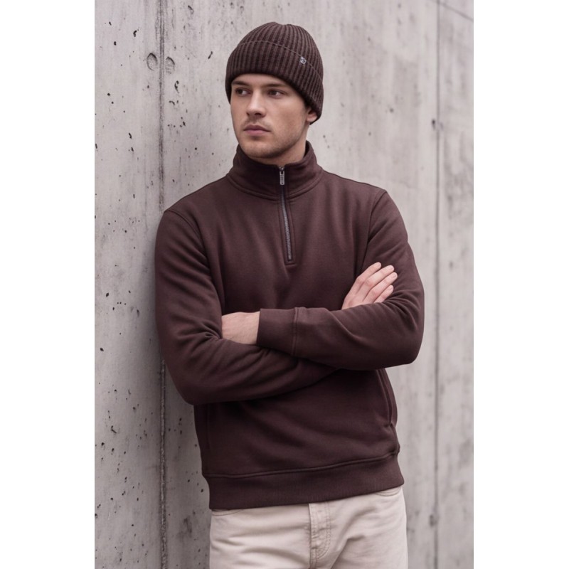 Life Style Butiken Ανδρικό Βαμβακερό Φούτερ Half-Zip με Όρθιο Γιακά και Τσέπες LS12681059 BROWN Ανδρικά