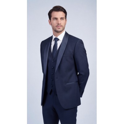 Life Style Butiken Γαμπριάτικο Κοστούμι Three-Pieces Μονόκουμπο Με Σατέν Πέτο LS126700 Navy