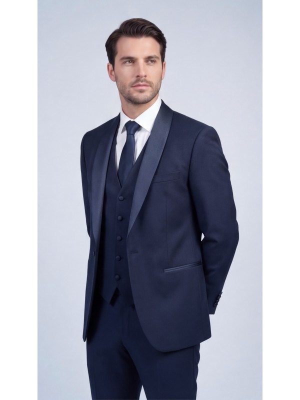 Life Style Butiken Γαμπριάτικο Κοστούμι Three-Pieces Μονόκουμπο Με Σατέν Πέτο LS126700 Navy