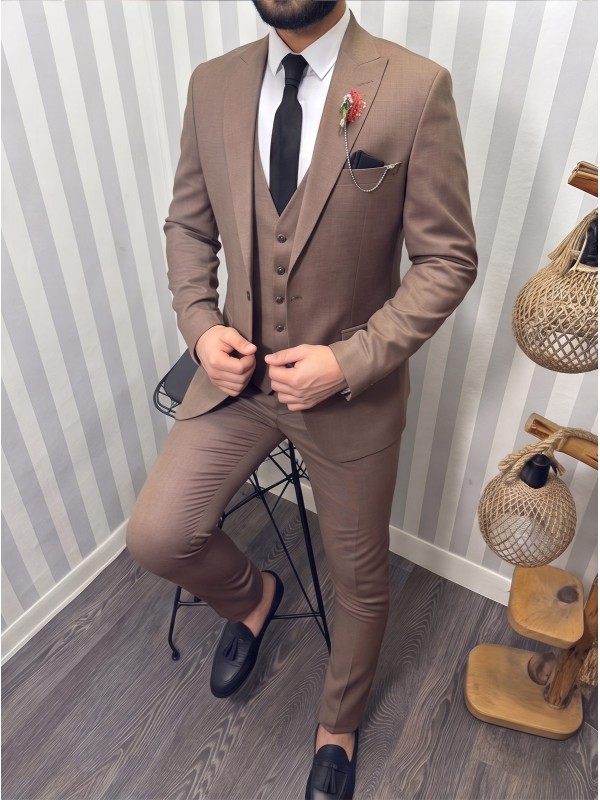 Life Style Butiken Ανδρικό Κοστούμι 3 κομμάτια με γιλέκο Slim Fit LS1801 Brown