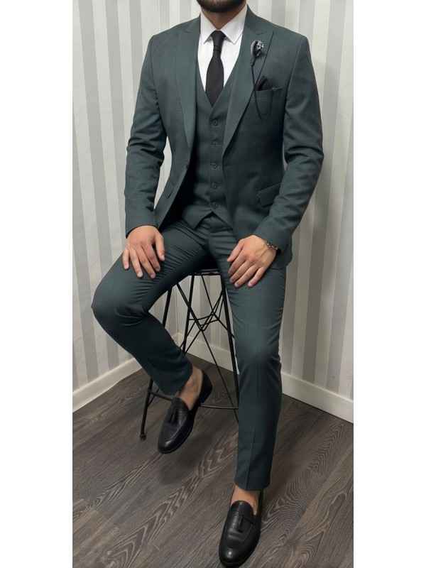 Life Style Butiken Ανδρικό Κοστούμι 3 κομμάτια με γιλέκο Slim Fit LS1801 Green