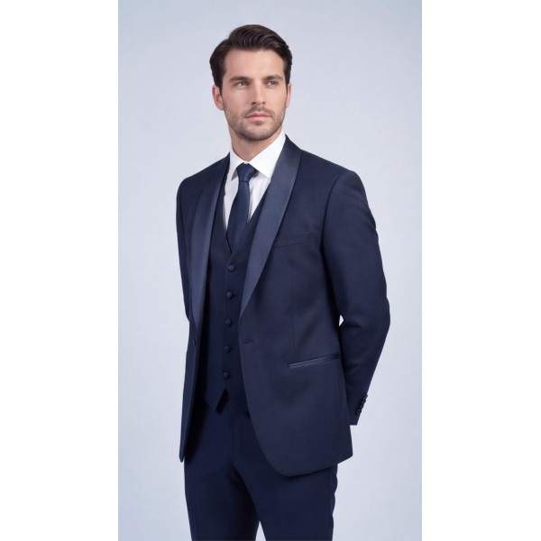 Life Style Butiken Γαμπριάτικο Κοστούμι Three-Pieces Μονόκουμπο Με Σατέν Πέτο LS126700 Navy