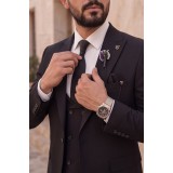 Life Style Butiken Ανδρικό Κοστούμι 3 Τεμαχίων Slim Fit  Λείο 4 Εποχών με Σταυρωτό Γιλέκο LS1337008 Μαύρο 1