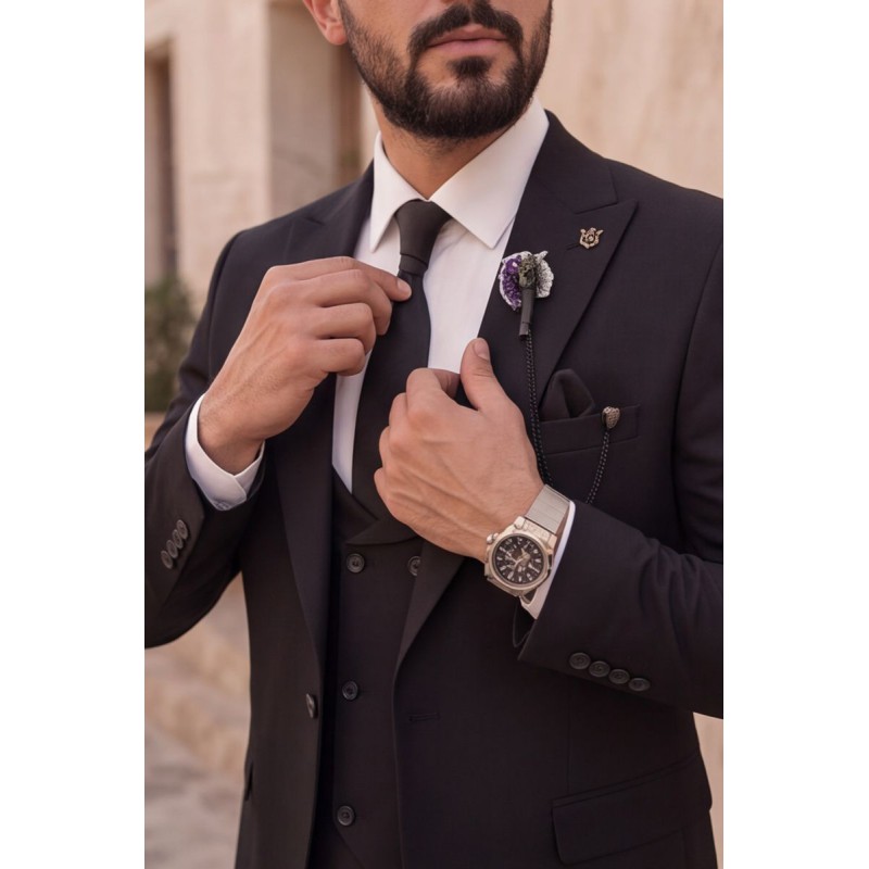 Life Style Butiken Ανδρικό Κοστούμι 3 Τεμαχίων Slim Fit Λείο 4 Εποχών με Σταυρωτό Γιλέκο LS1337008 Μαύρο Ανδρικά