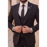 Life Style Butiken Ανδρικό Κοστούμι 3 Τεμαχίων Slim Fit  Λείο 4 Εποχών με Σταυρωτό Γιλέκο LS1337008 Μαύρο 2