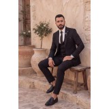 Life Style Butiken Ανδρικό Κοστούμι 3 Τεμαχίων Slim Fit  Λείο 4 Εποχών με Σταυρωτό Γιλέκο LS1337008 Μαύρο 5