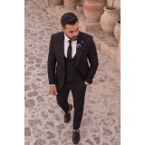 Life Style Butiken Ανδρικό Κοστούμι 3 Τεμαχίων Slim Fit  Λείο 4 Εποχών με Σταυρωτό Γιλέκο LS1337008 Μαύρο 6