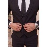 Life Style Butiken Ανδρικό Κοστούμι 3 Τεμαχίων Slim Fit  Λείο 4 Εποχών με Σταυρωτό Γιλέκο LS1337008 Μαύρο 10