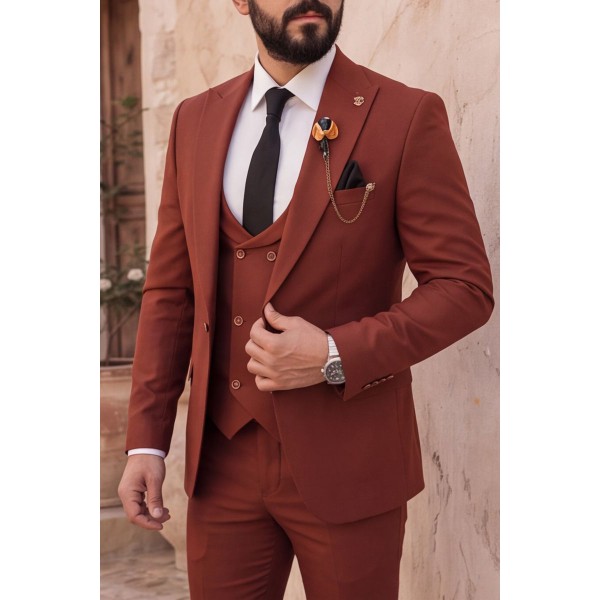 Life Style Butiken Ανδρικό Κοστούμι 3 Τεμαχίων Slim Fit Ανάγλυφο 4 Εποχών με Σταυρωτό Γιλέκο LS1337009 Rust (Κεραμιδί)