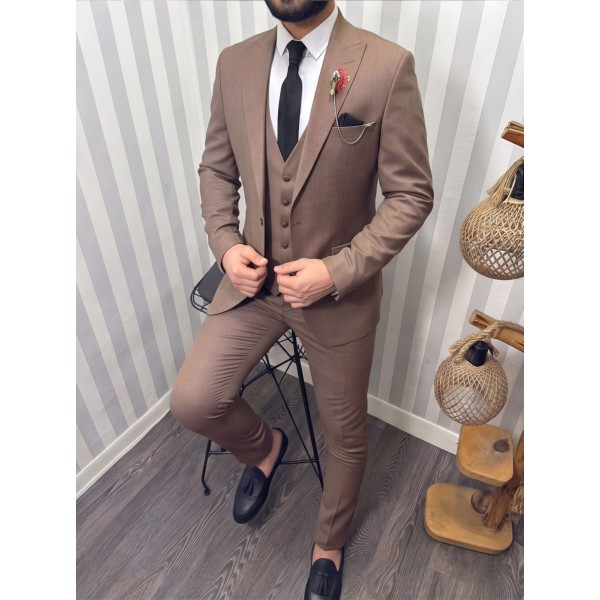 Life Style Butiken Ανδρικό Κοστούμι 3 κομμάτια με γιλέκο Slim Fit LS1801 Brown