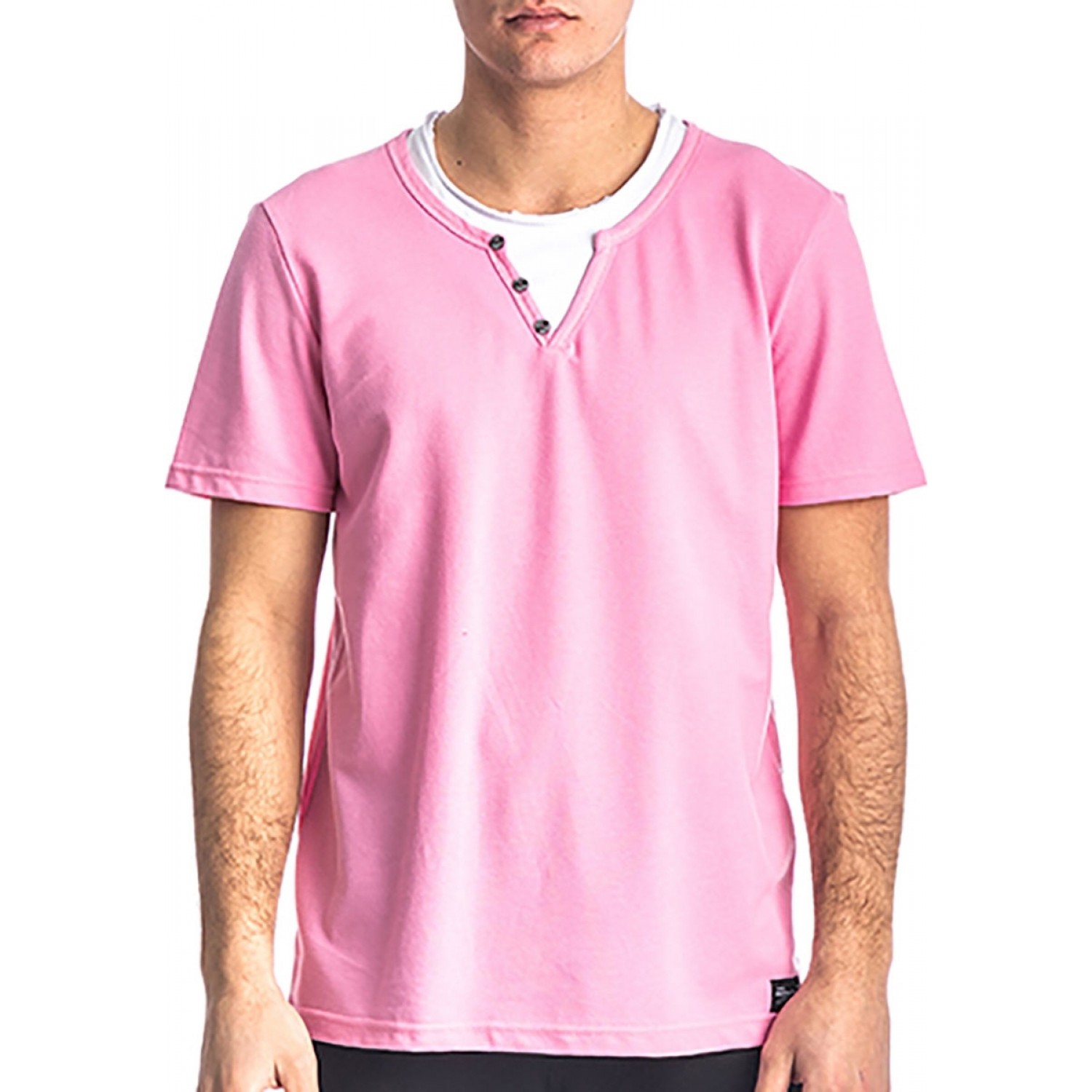 Paco & co t-shirt 213612 με V και κουμπάκια Ροζ