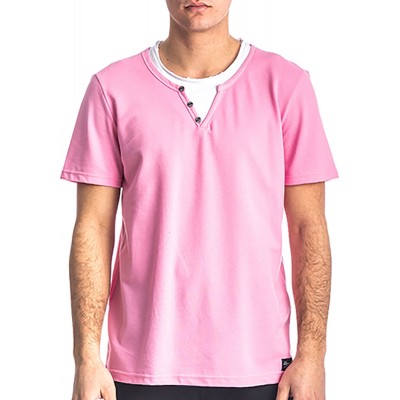 Paco & co t-shirt 213612 με V και κουμπάκια Ροζ