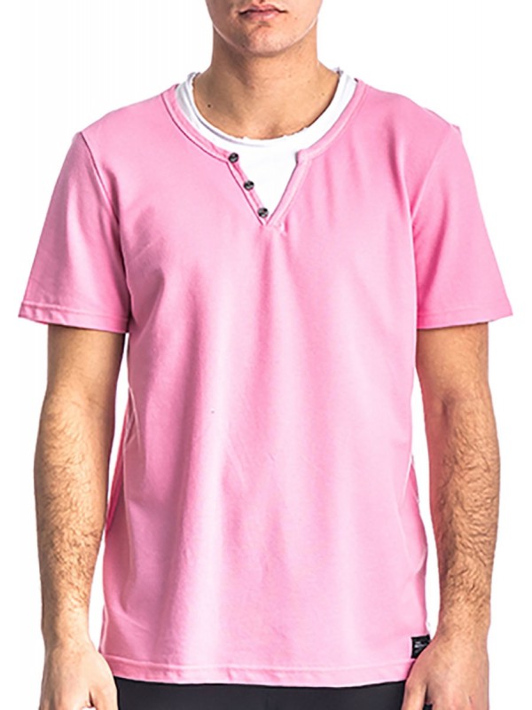 Paco & co t-shirt 213612 με V και κουμπάκια Ροζ