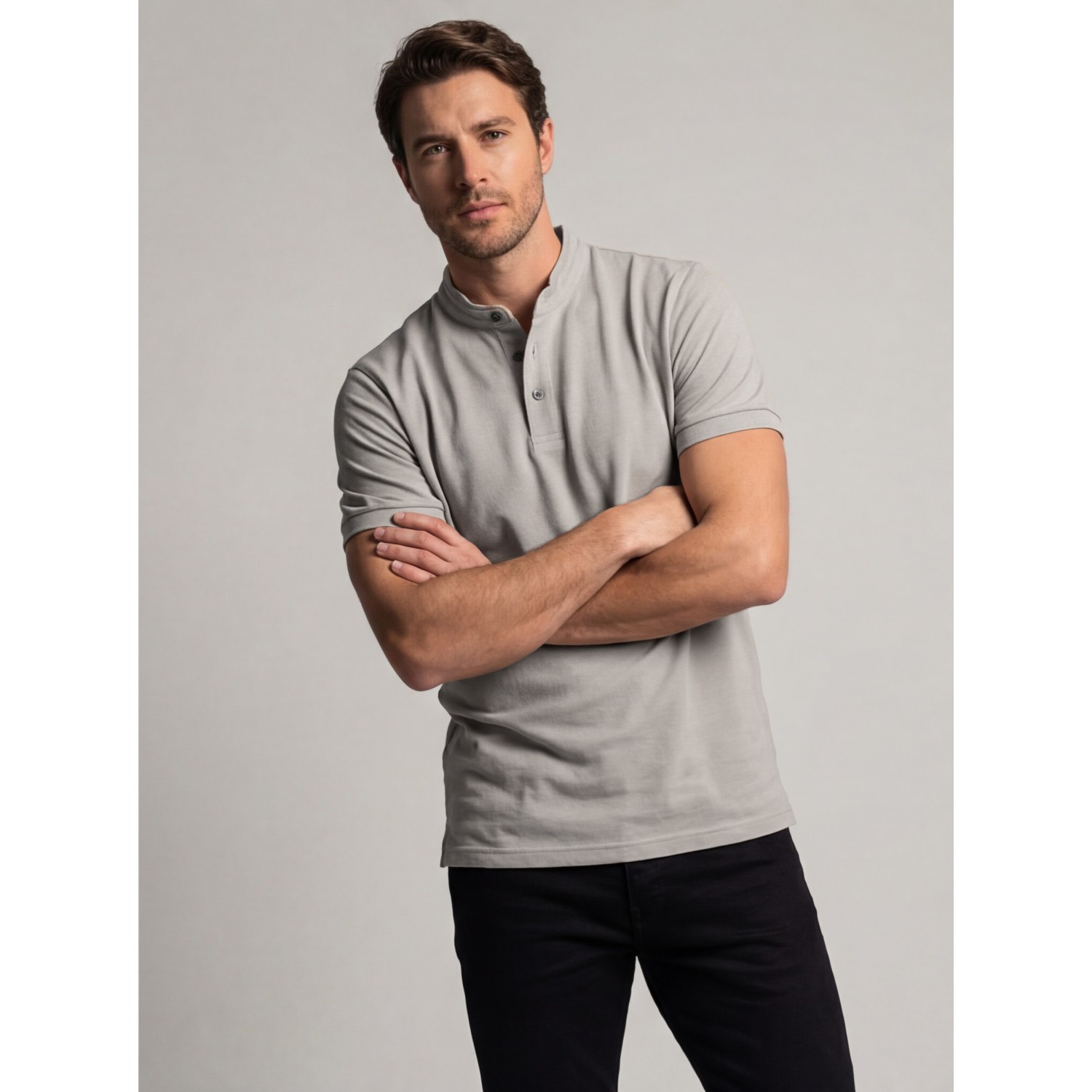 Life Style Butiken Ανδρική κοντομάνικη μπλούζα Polo Mao με κουμπιά LS12431837 Γκρι