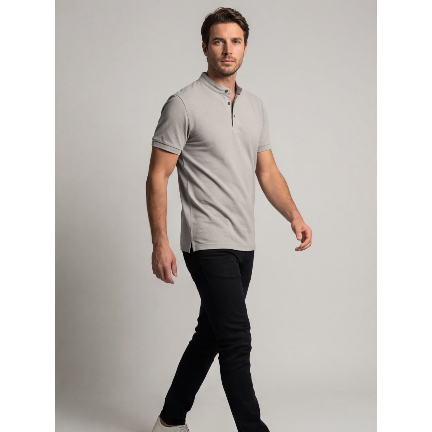 Life Style Butiken Ανδρική κοντομάνικη μπλούζα Polo Mao με κουμπιά LS12431837 Γκρι