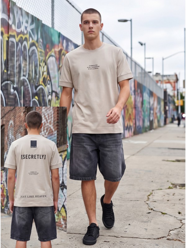 Life Style Butiken Ανδρική κοντομάνικη μπλούζα oversized LS12631045 Μπέζ